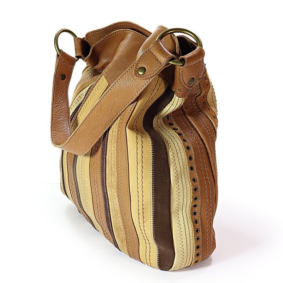Fossil Leather & Suede Striped Hobo Bag Studded Riveted Brown & Tan Shoulder Bag - Picture 5 of 12